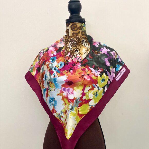 Salvatore Ferragamo Scarf Leopard in Flower Garden Burgundy Wine Wrap - Picture 4 of 16